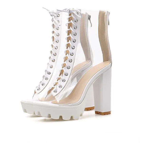 Women summer clear peep toe lace up chunky platform sandals