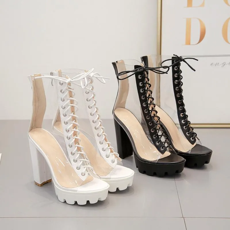 Women summer clear peep toe lace up chunky platform sandals