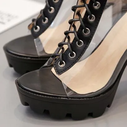 Women summer clear peep toe lace up chunky platform sandals