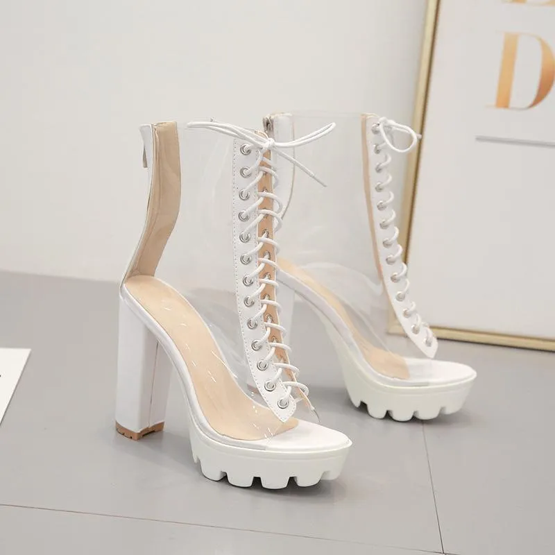 Women summer clear peep toe lace up chunky platform sandals