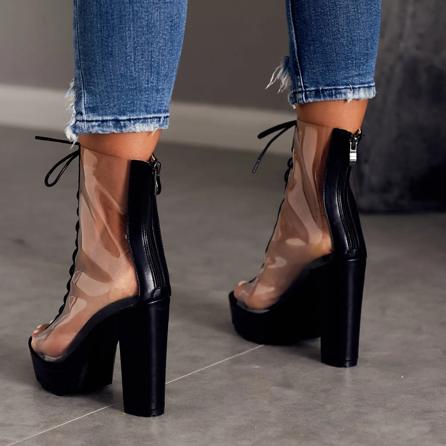 Women summer clear peep toe lace up chunky platform sandals