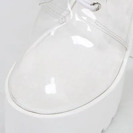 Women transparent lace up block high heel platform boots