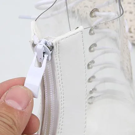 Women transparent lace up block high heel platform boots