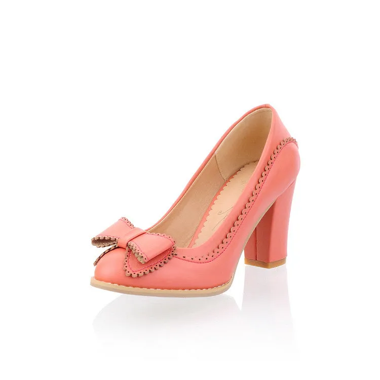 Women's Bowtie High Heels Chunky Pumps Shoes