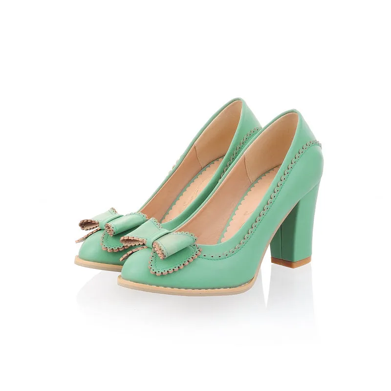 Women's Bowtie High Heels Chunky Pumps Shoes