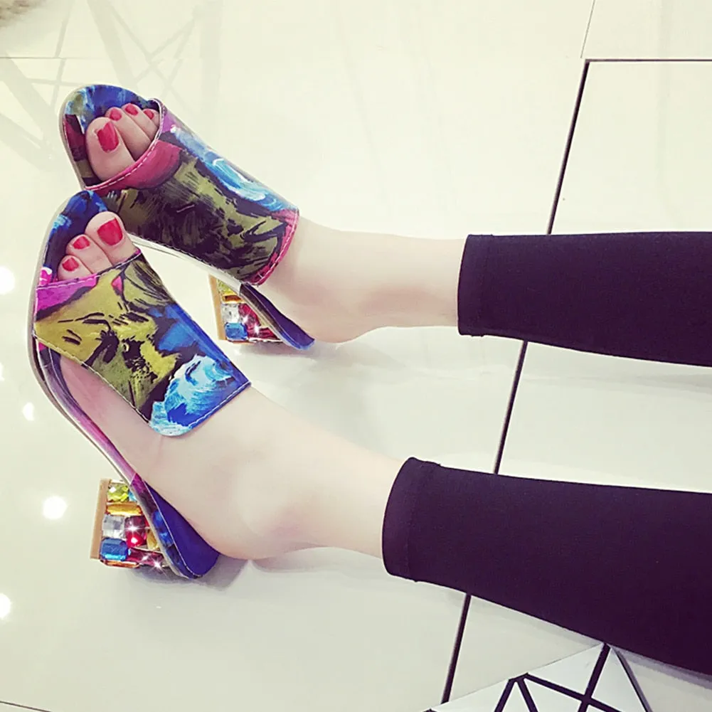 Women's Colorful Rhinestone Crystals Heels peep Toe Sandals slippers