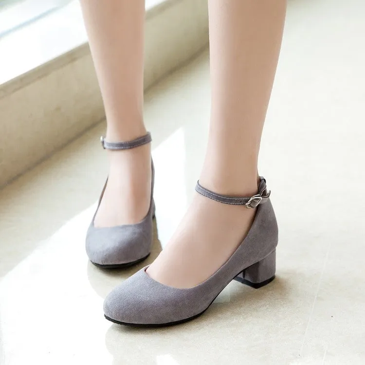 Women's Flock Round Toe Shallow Ankle Strap Block Heel Pumps