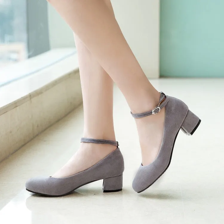 Women's Flock Round Toe Shallow Ankle Strap Block Heel Pumps