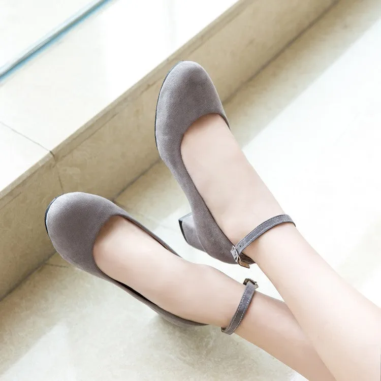 Women's Flock Round Toe Shallow Ankle Strap Block Heel Pumps