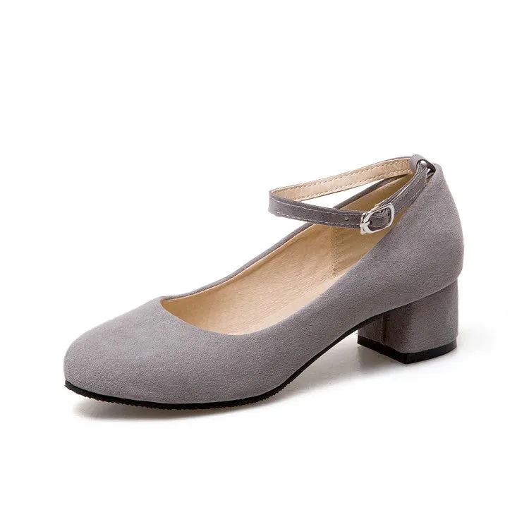 Women's Flock Round Toe Shallow Ankle Strap Block Heel Pumps