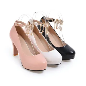 Women's Shallow Pearls Ankle Strap Block Heel Platform Pumps