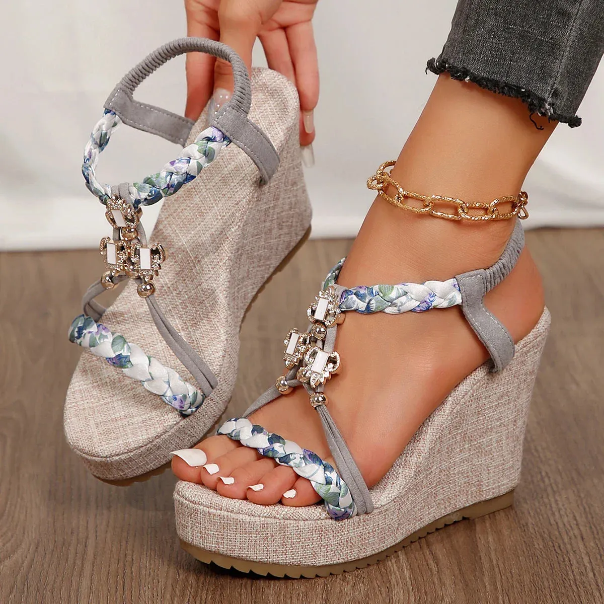 Xajzpa Metal Decor Wedge Sandals for Women Summer Braided Band Platform Gladiator Sandals Woman Thick Bottom Beach Sandalias Mujer